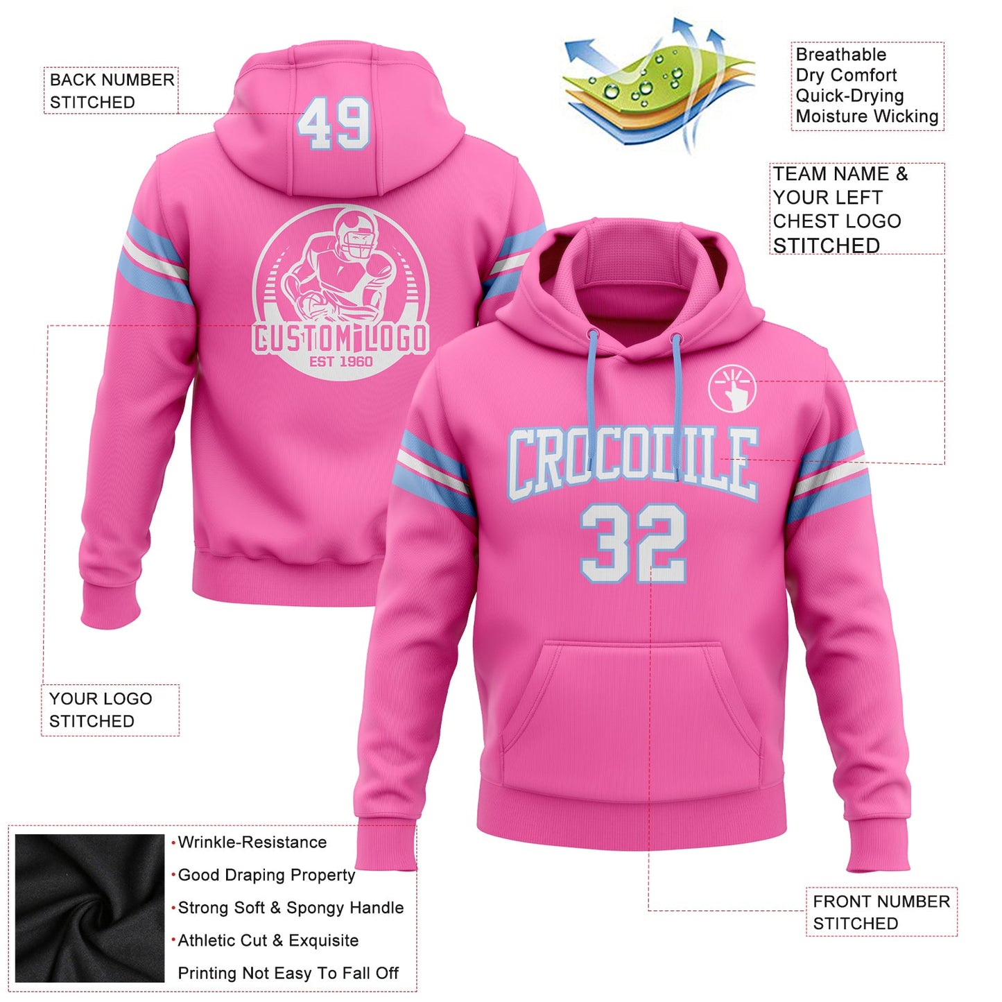 Custom Stitched Pink White-Light Blue Football Pullover Sweatshirt Hoodie view 2