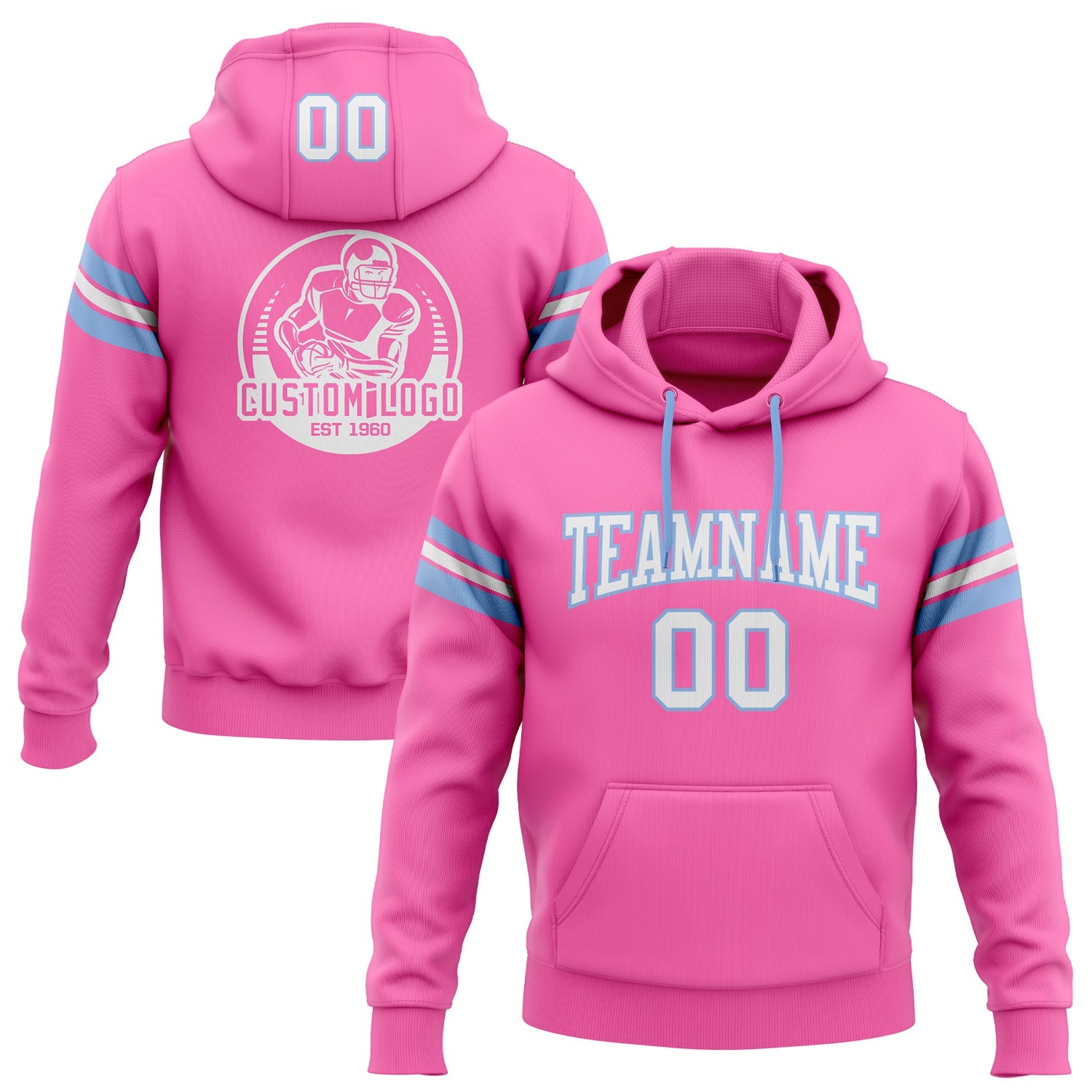 Custom Stitched Pink White-Light Blue Football Pullover Sweatshirt Hoodie - Main View
