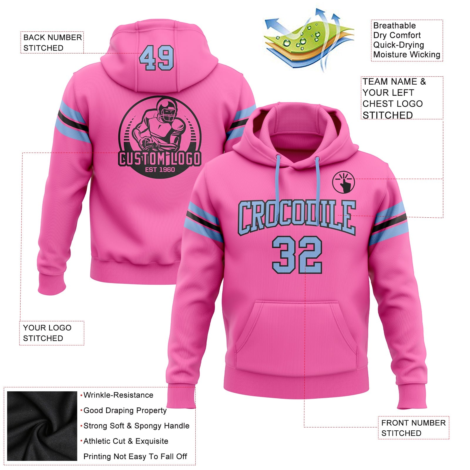 Custom Stitched Pink Light Blue-Black Football Pullover Sweatshirt Hoodie view 2
