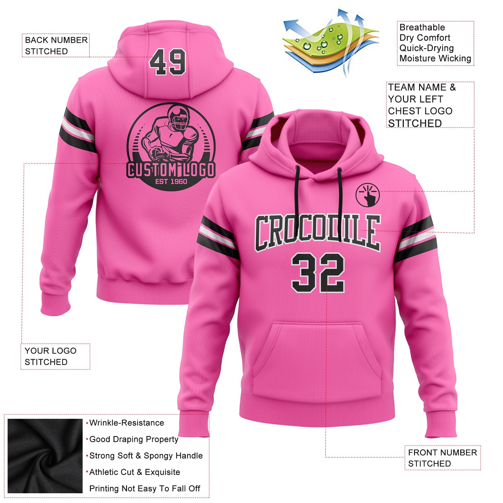 Custom Stitched Pink Black-White Football Pullover Sweatshirt Hoodie view 2