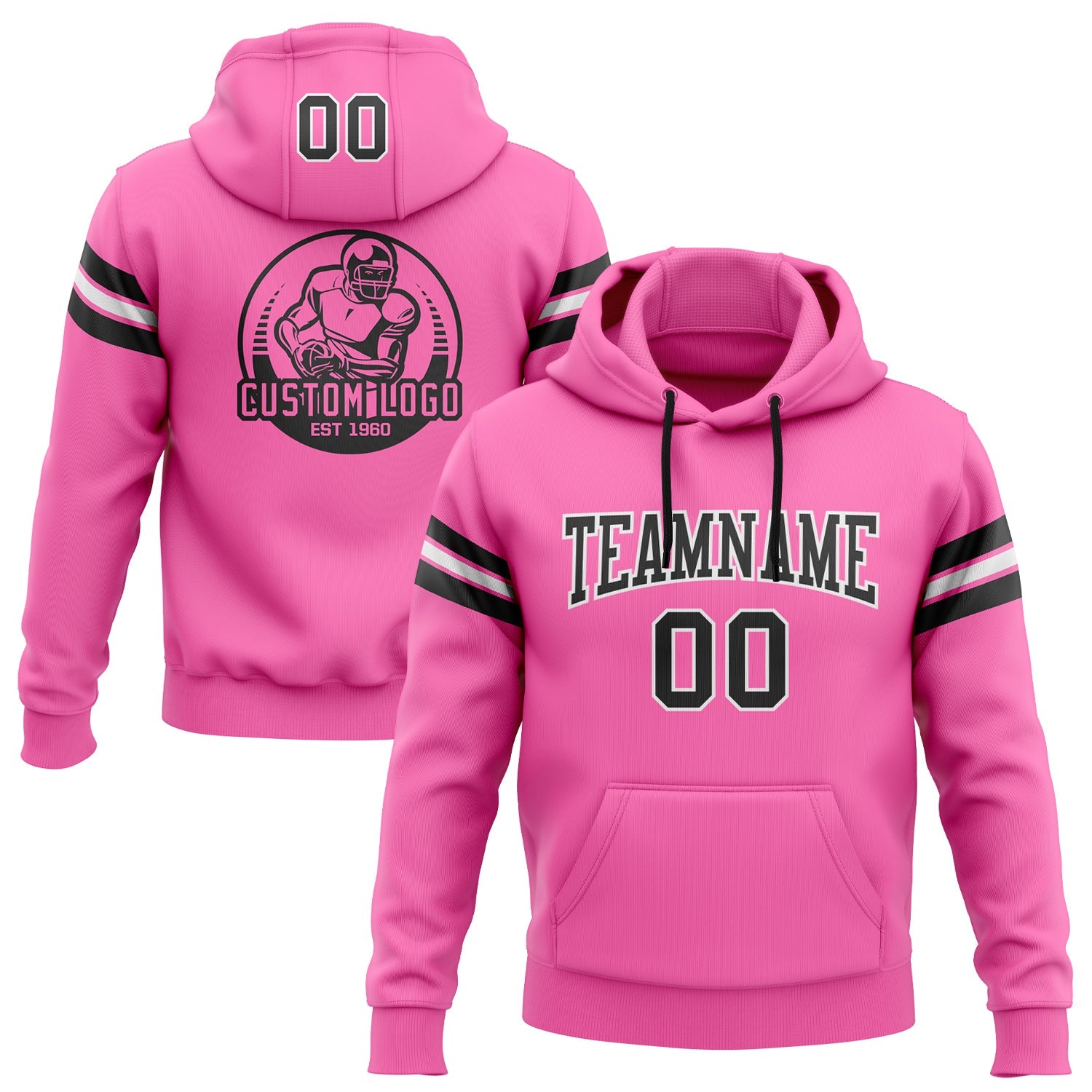 Custom Stitched Pink Black-White Football Pullover Sweatshirt Hoodie - Main View