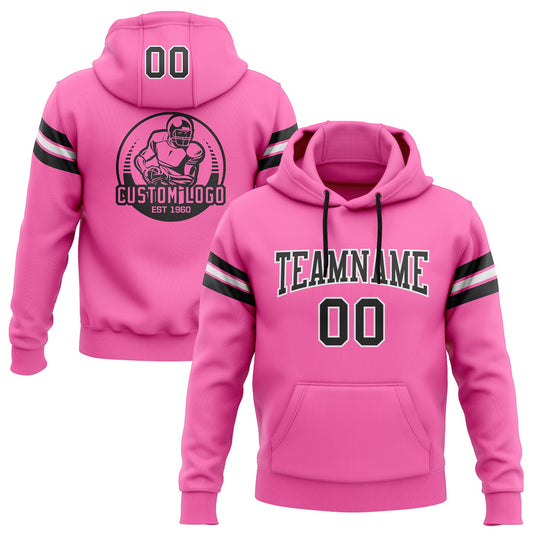 Custom Stitched Pink Black-White Football Pullover Sweatshirt Hoodie - Main View