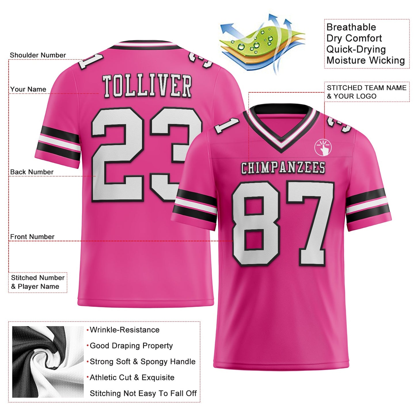 Custom Pink White-Black Authentic Football Jersey view 2