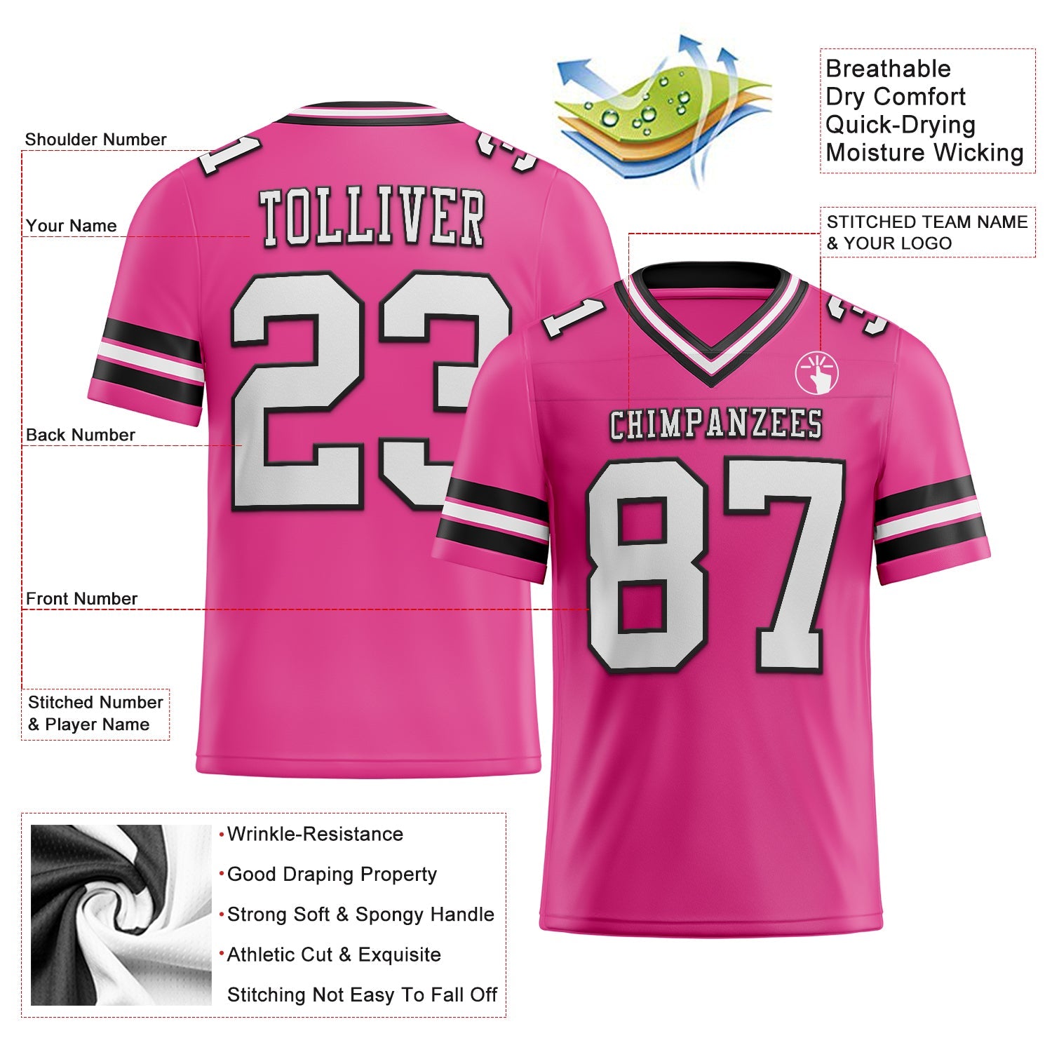 Custom Pink White-Black Authentic Football Jersey view 2