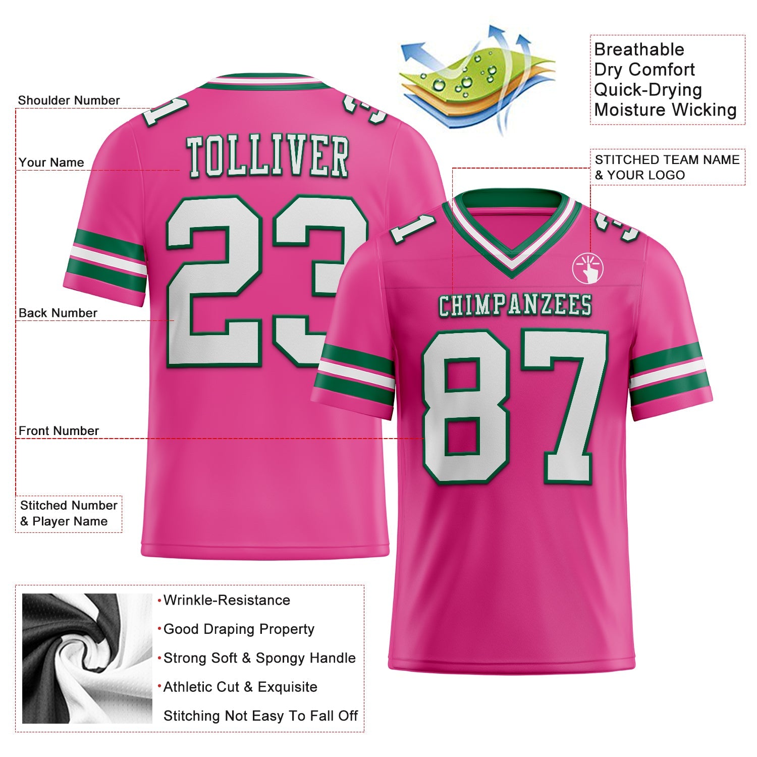 Custom Pink White-Kelly Green Authentic Football Jersey view 2