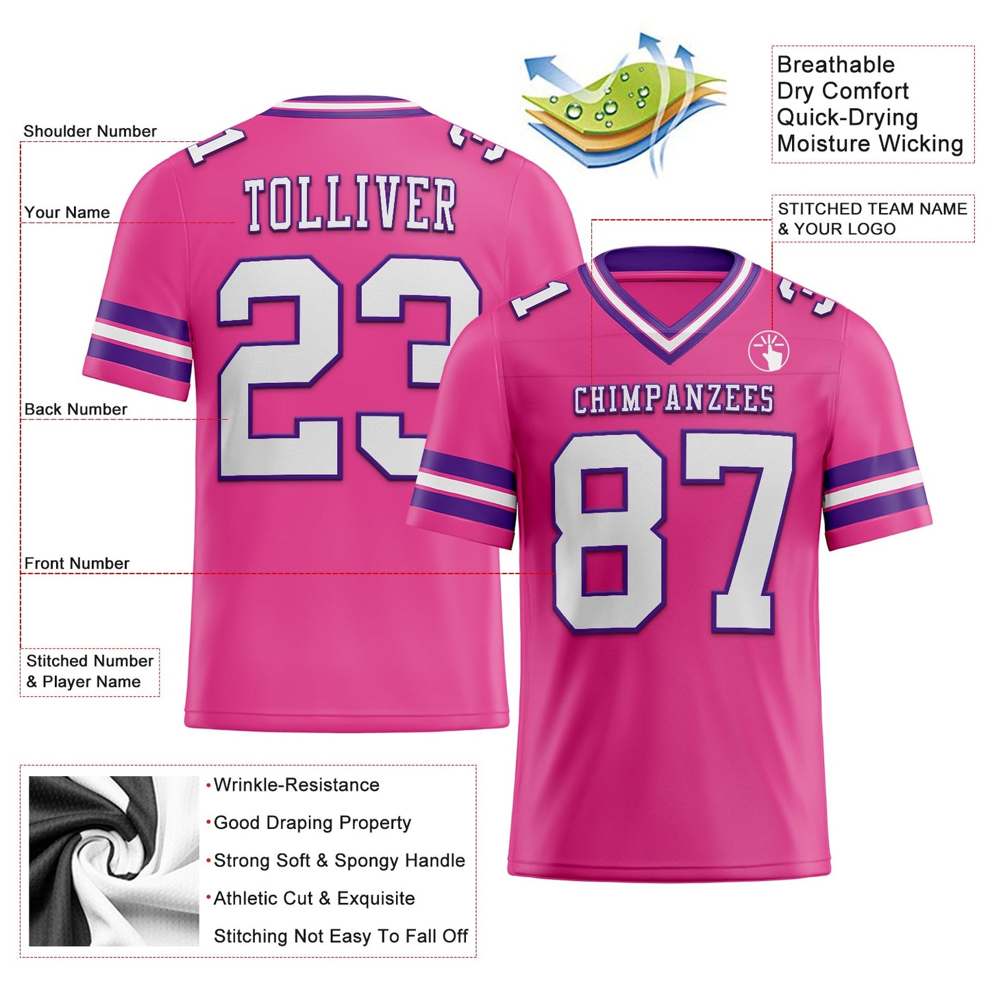 Custom Pink White-Purple Authentic Football Jersey view 2