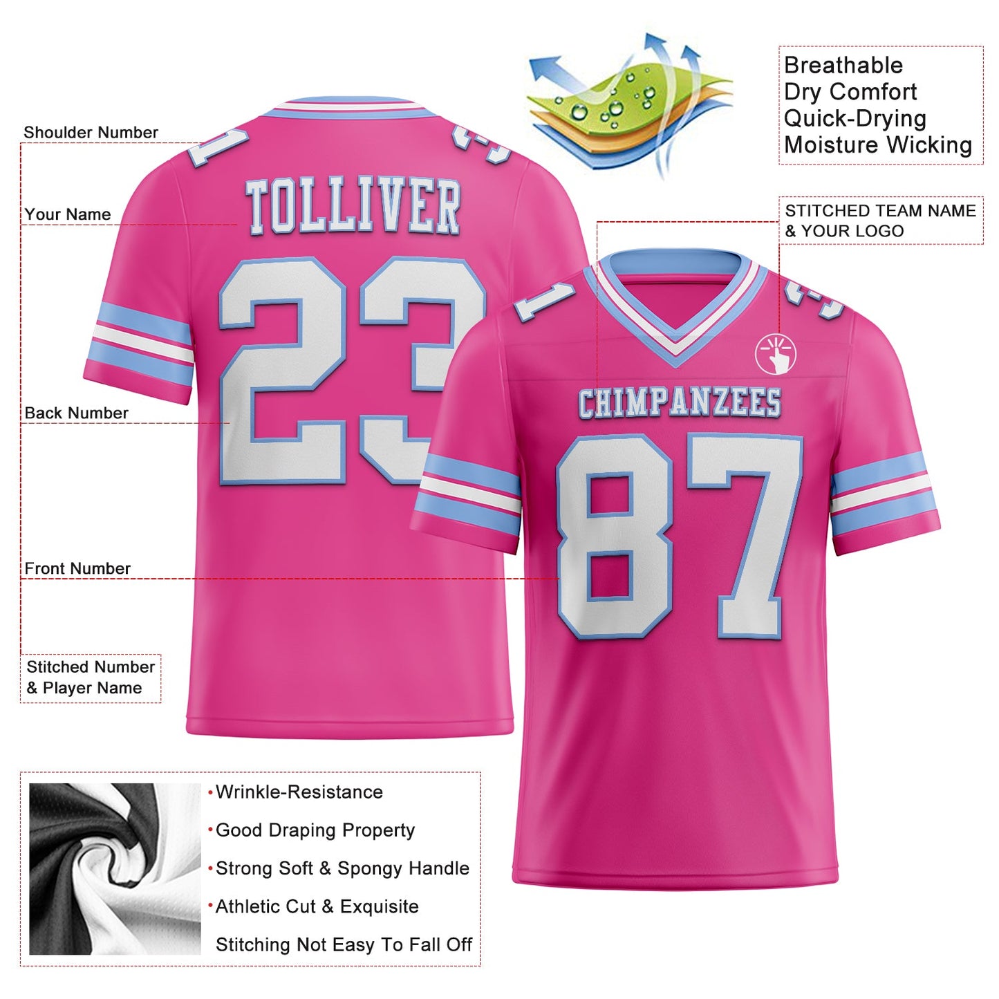 Custom Pink White-Light Blue Authentic Football Jersey view 2