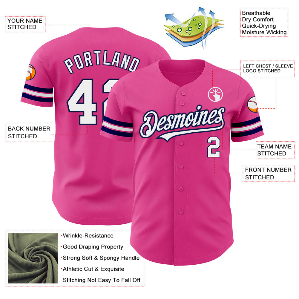 Custom Pink White-Navy Authentic Baseball Jersey view 3