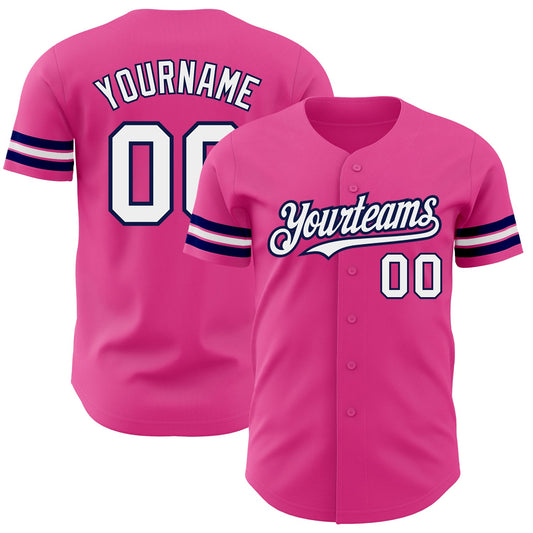 Custom Pink White-Navy Authentic Baseball Jersey - Main View