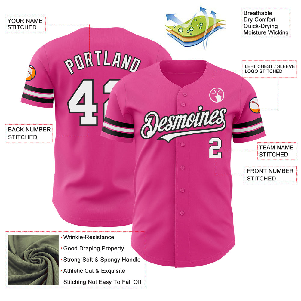 Custom Pink White-Black Authentic Baseball Jersey view 3