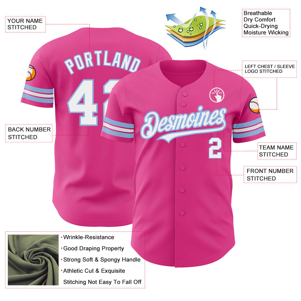 Custom Pink White-Light Blue Authentic Baseball Jersey view 3