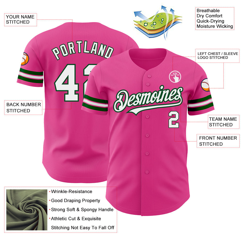 Custom Pink White-Green Authentic Baseball Jersey view 3