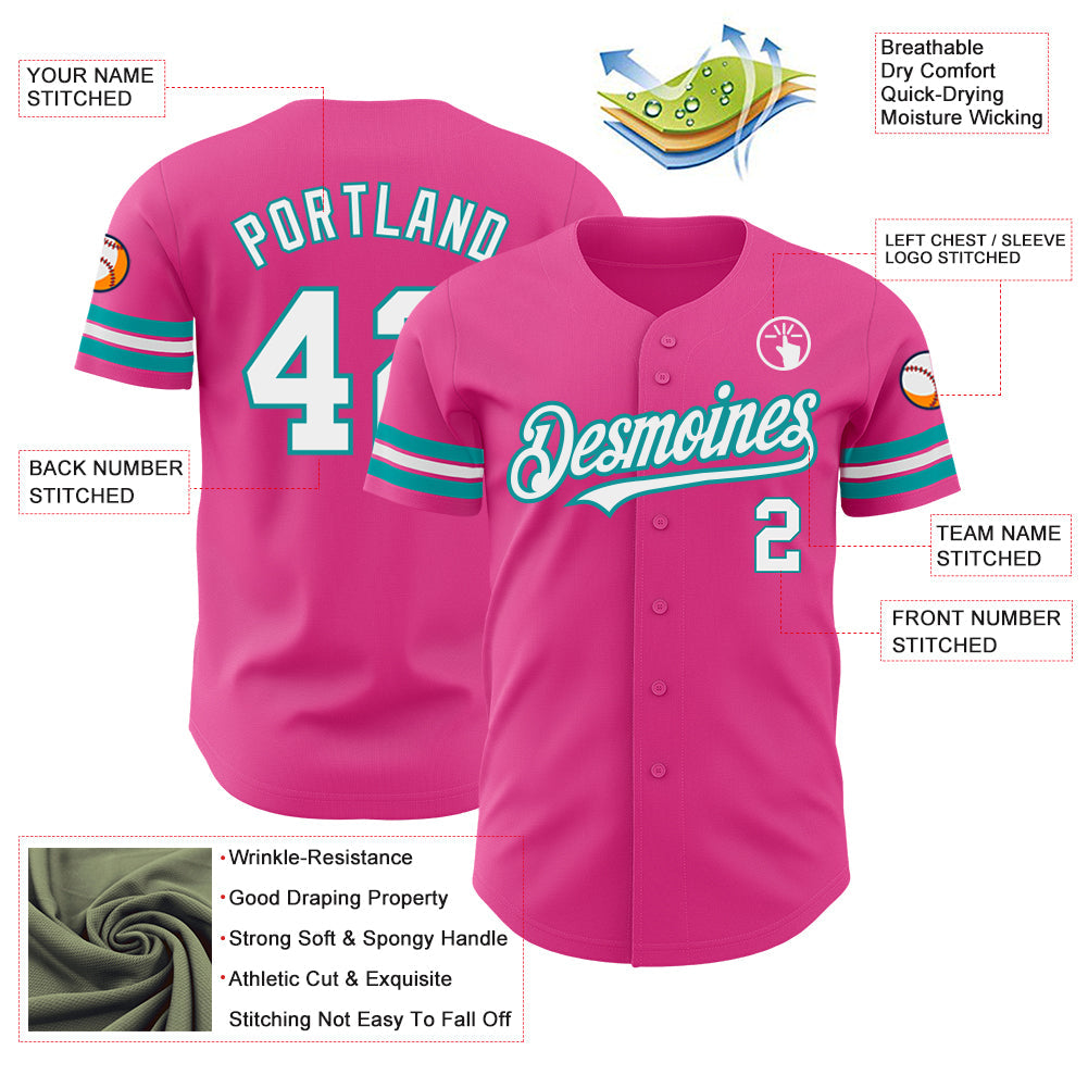 Custom Pink White-Teal Authentic Baseball Jersey view 3
