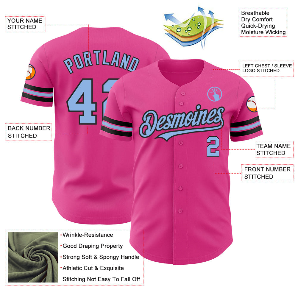 Custom Pink Light Blue-Black Authentic Baseball Jersey view 3
