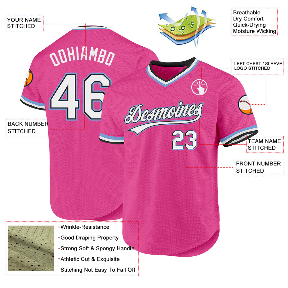Custom Pink Black-Light Blue Authentic Throwback Baseball Jersey view 3