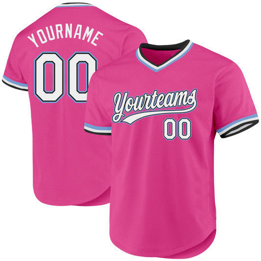 Custom Pink Black-Light Blue Authentic Throwback Baseball Jersey - Main View