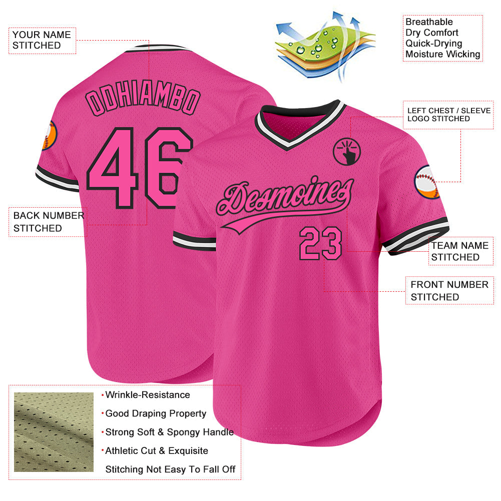 Custom Pink Black-White Authentic Throwback Baseball Jersey view 3