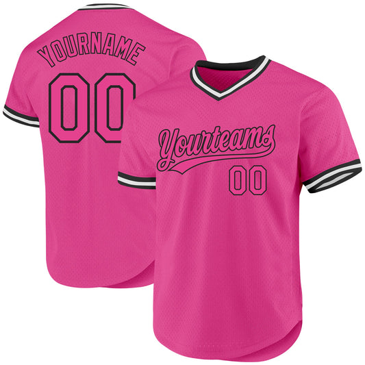Custom Pink Black-White Authentic Throwback Baseball Jersey - Main View