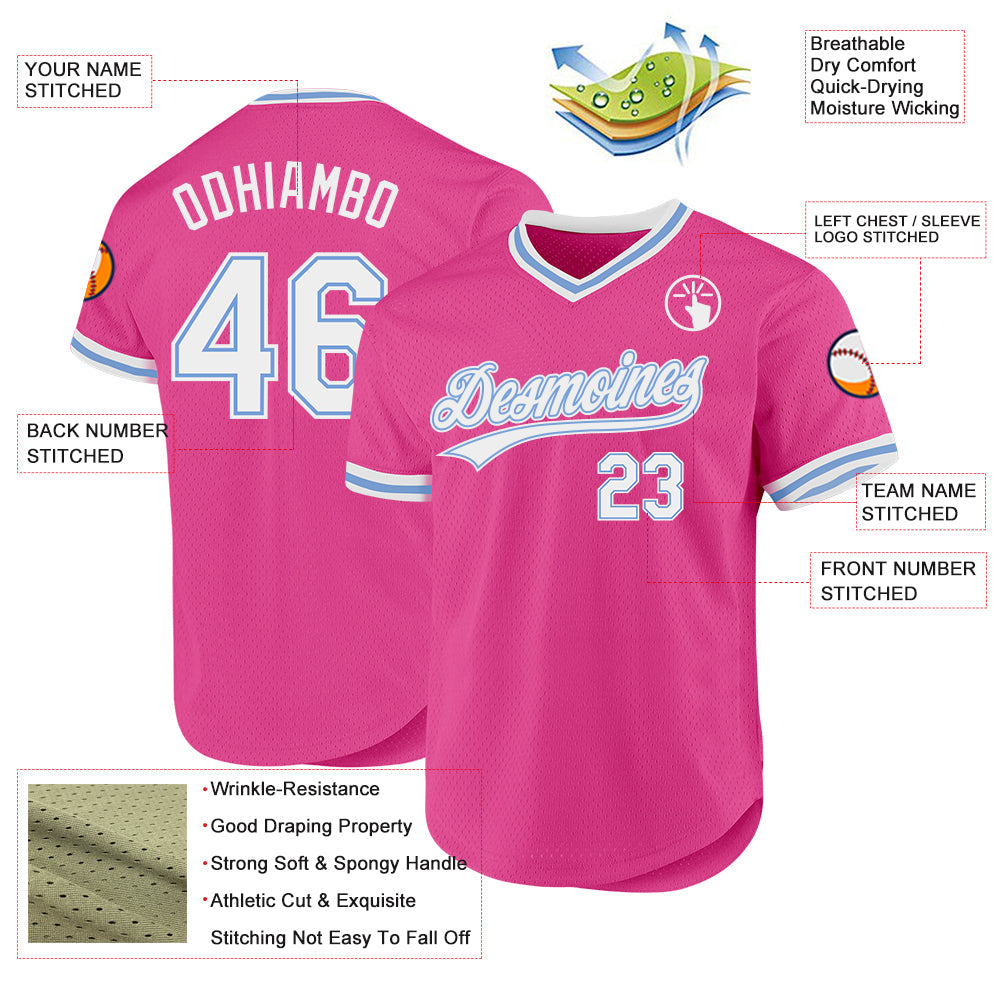 Custom Pink White-Light Blue Authentic Throwback Baseball Jersey view 3