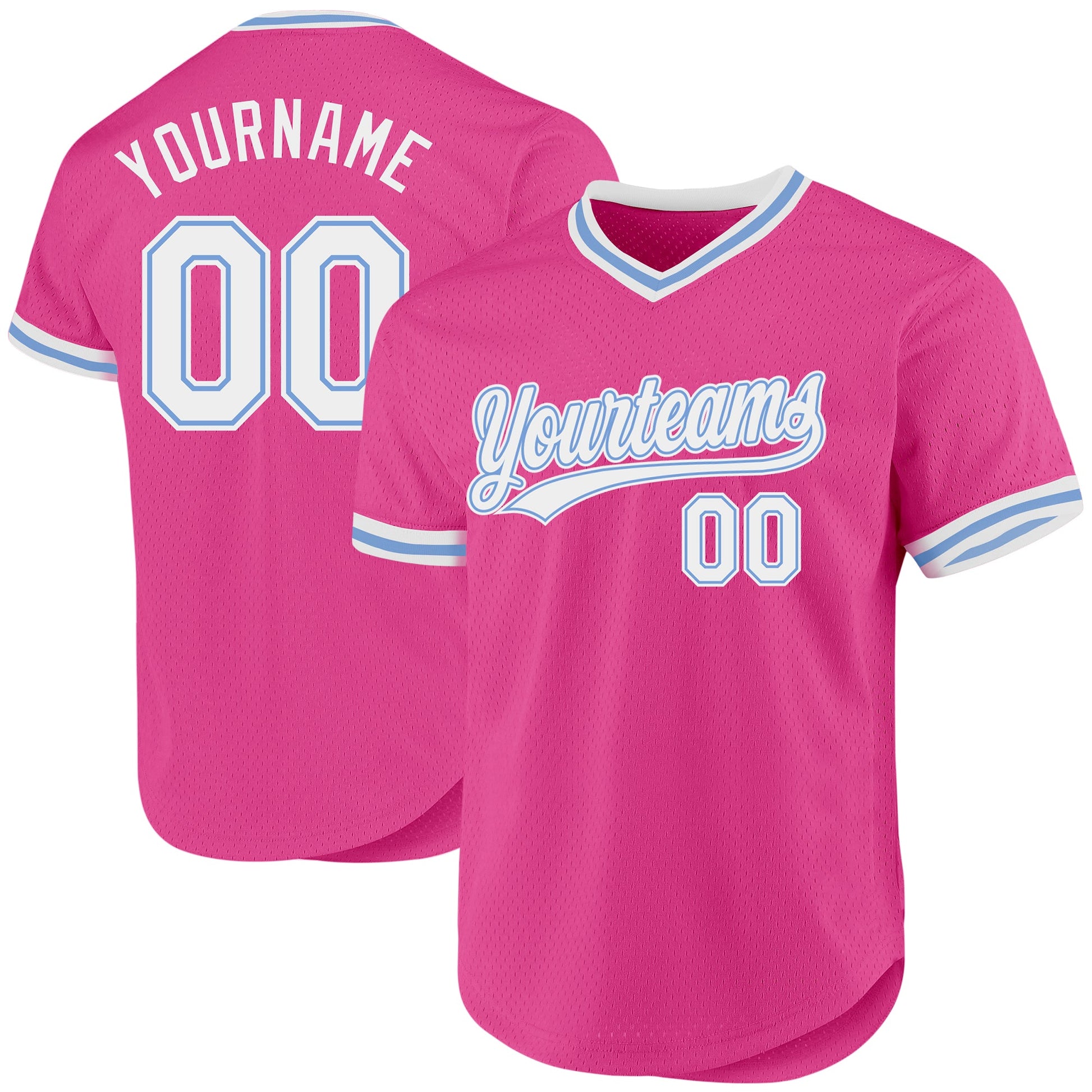 Custom Pink White-Light Blue Authentic Throwback Baseball Jersey - Main View