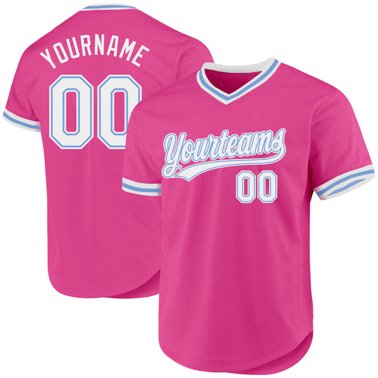 Custom Pink White-Light Blue Authentic Throwback Baseball Jersey - Main View