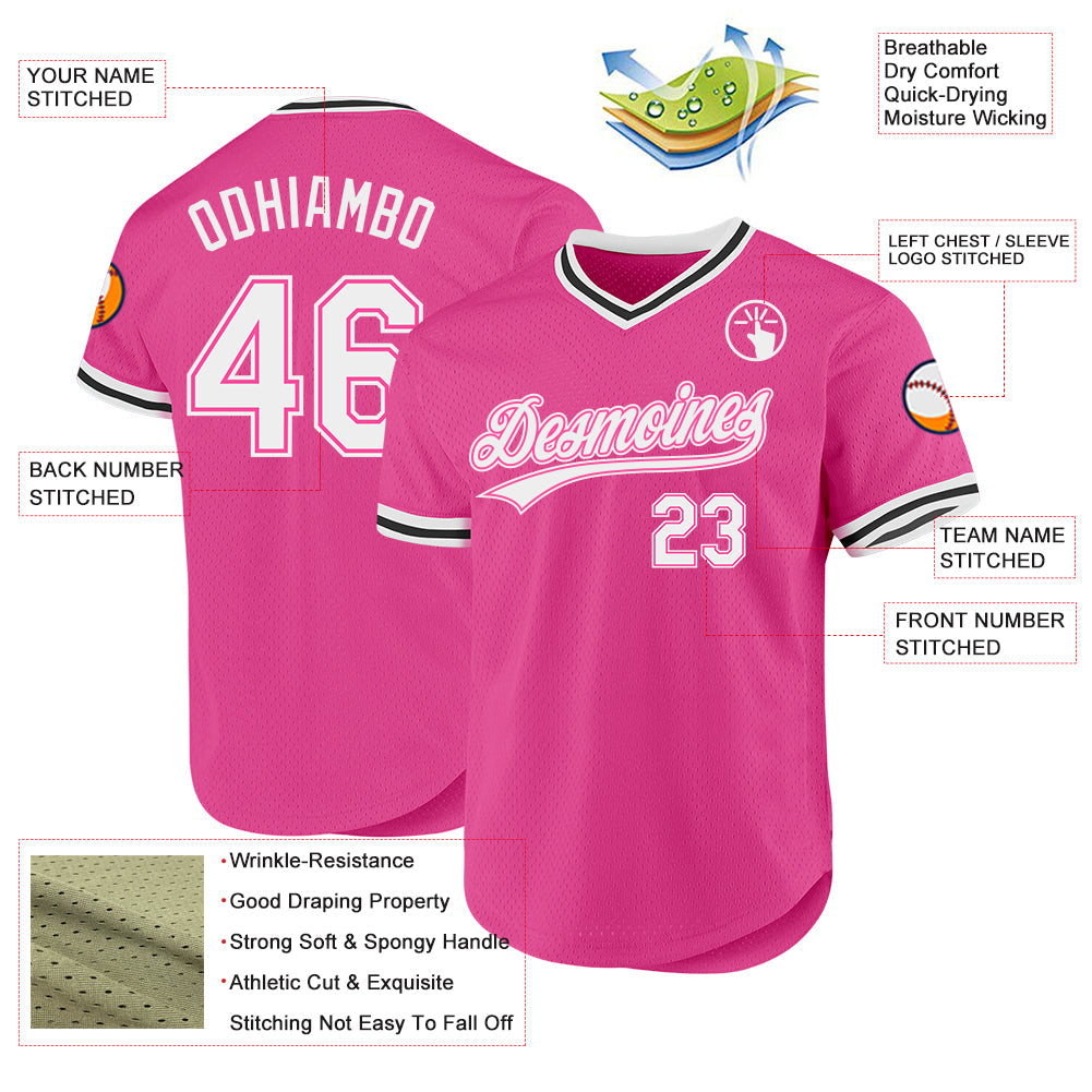 Custom Pink White-Black Authentic Throwback Baseball Jersey view 3