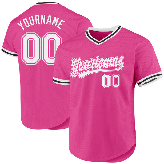 Custom Pink White-Black Authentic Throwback Baseball Jersey - Main View