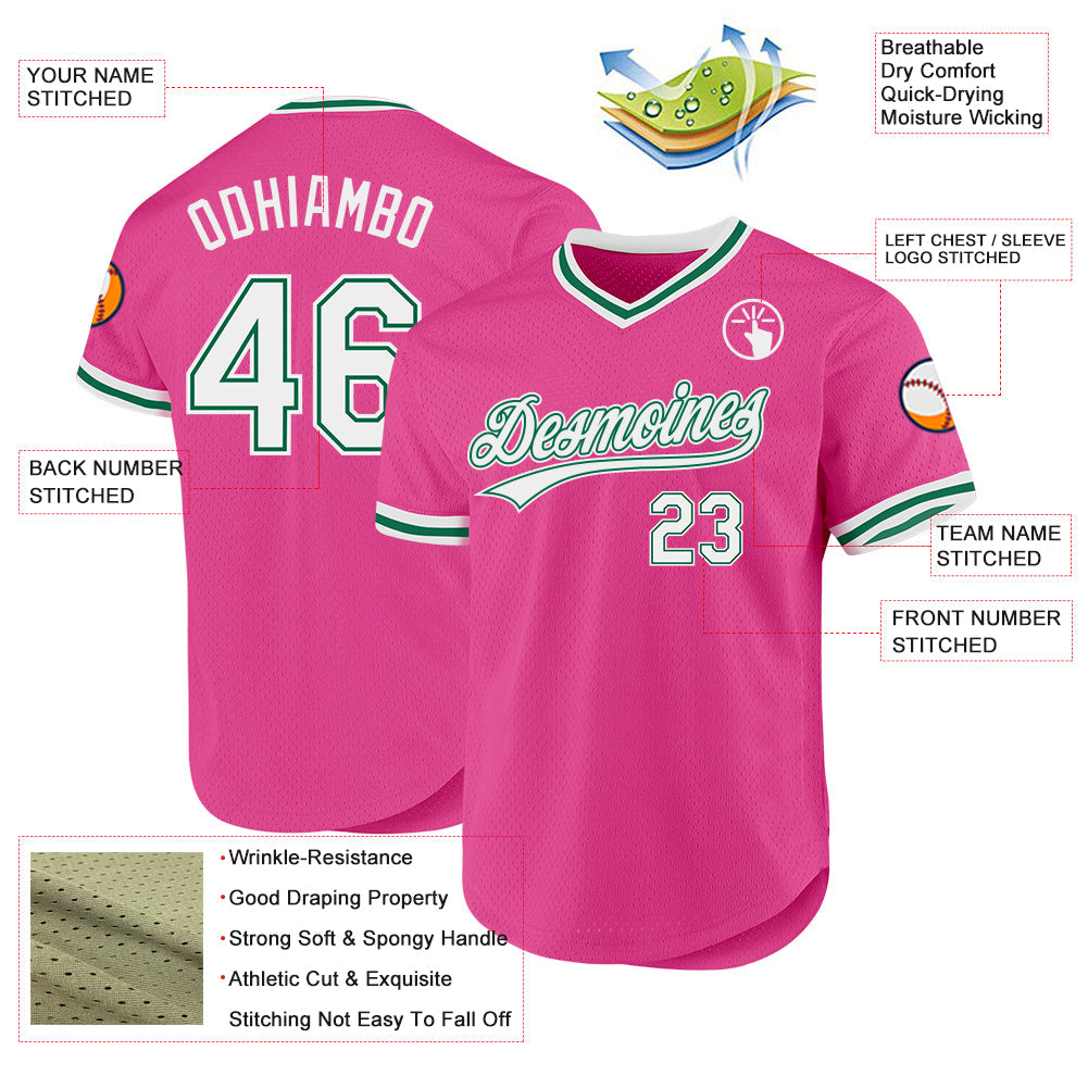 Custom Pink White-Kelly Green Authentic Throwback Baseball Jersey view 3
