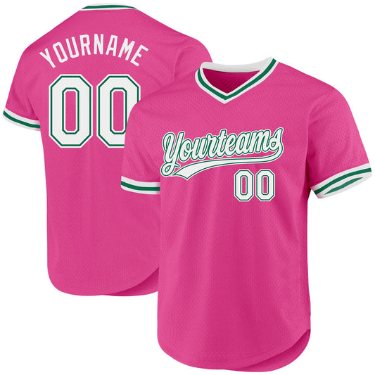 Custom Pink White-Kelly Green Authentic Throwback Baseball Jersey - Main View