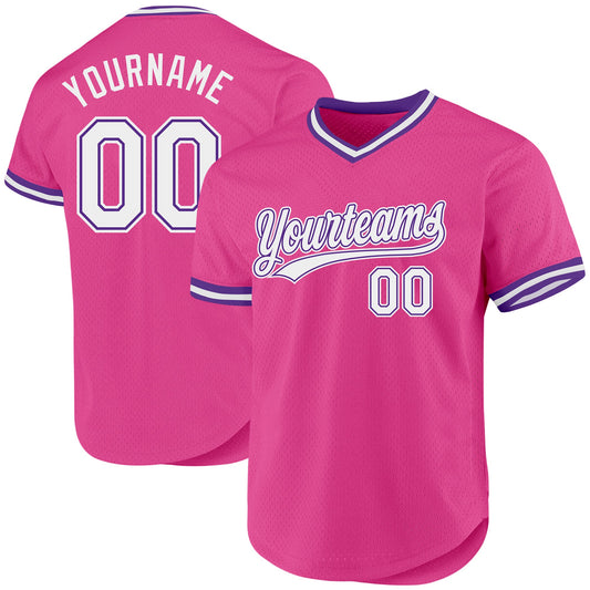 Custom Pink White-Purple Authentic Throwback Baseball Jersey - Main View