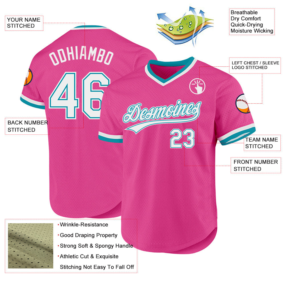Custom Pink White-Teal Authentic Throwback Baseball Jersey view 3