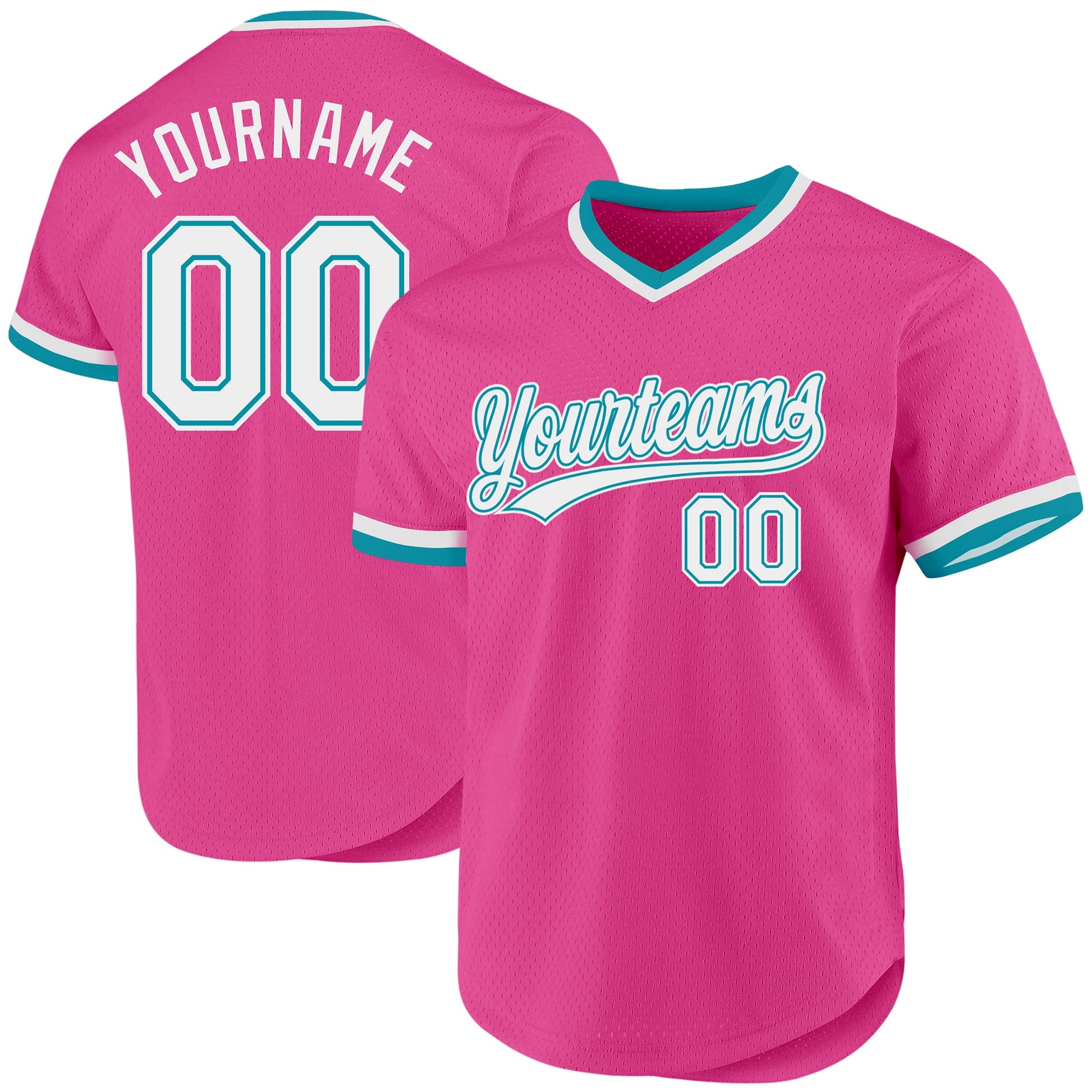 Custom Pink White-Teal Authentic Throwback Baseball Jersey - Main View