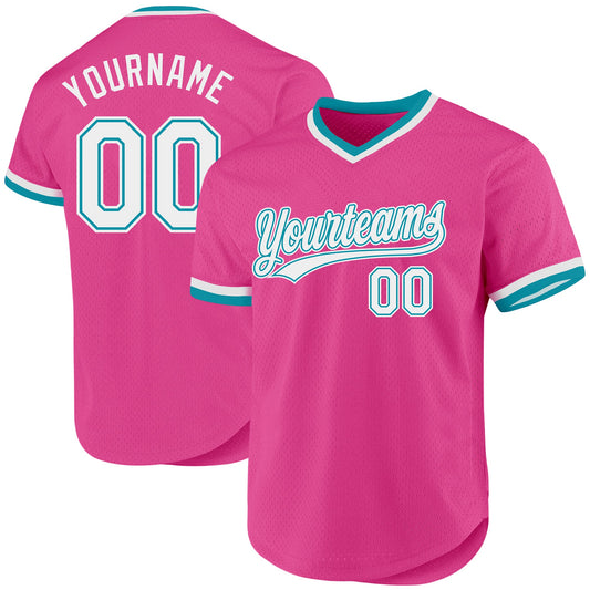 Custom Pink White-Teal Authentic Throwback Baseball Jersey - Main View