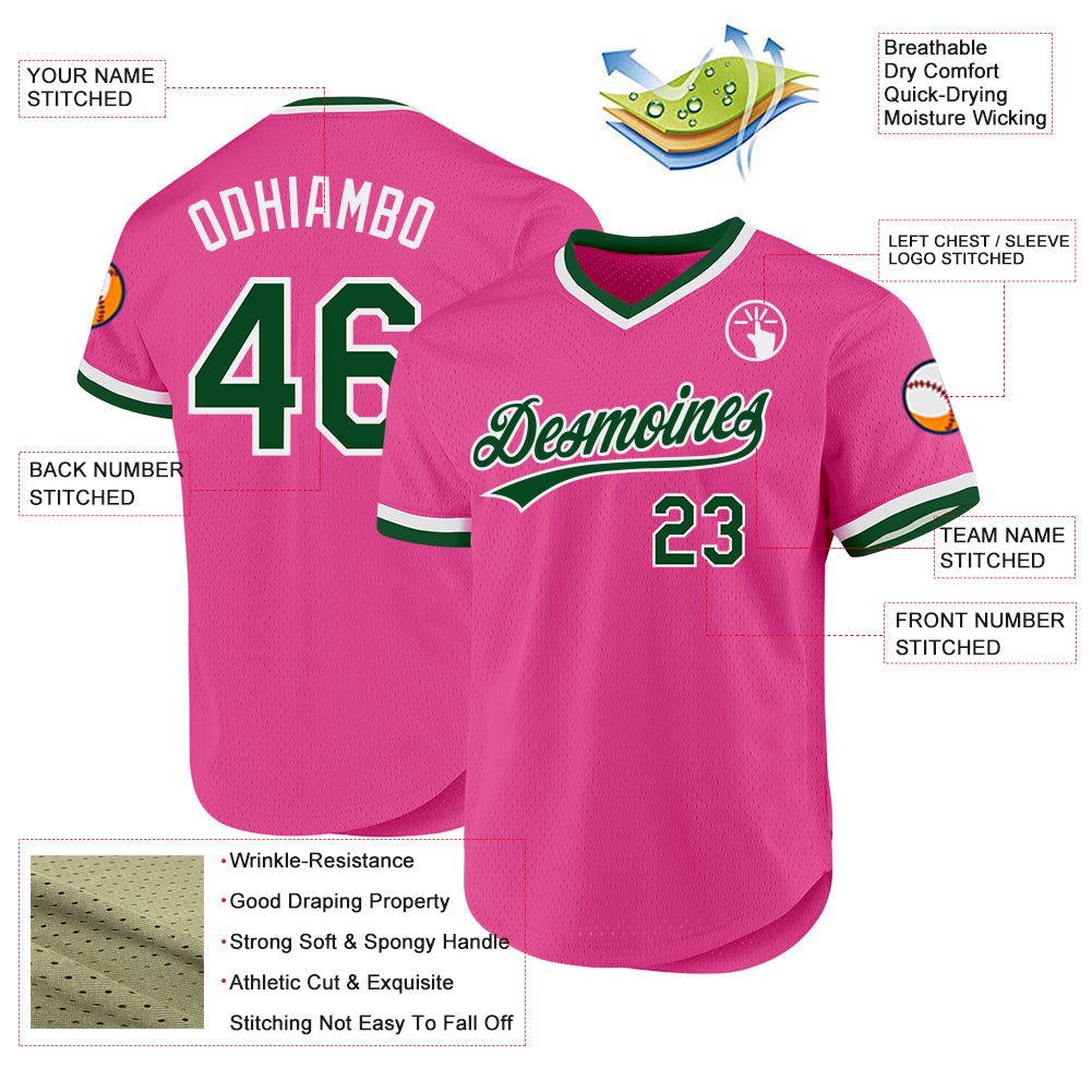 Custom Pink Green-White Authentic Throwback Baseball Jersey view 3