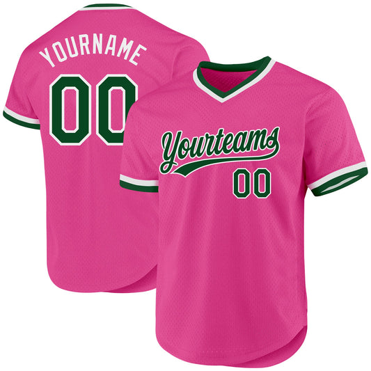 Custom Pink Green-White Authentic Throwback Baseball Jersey - Main View