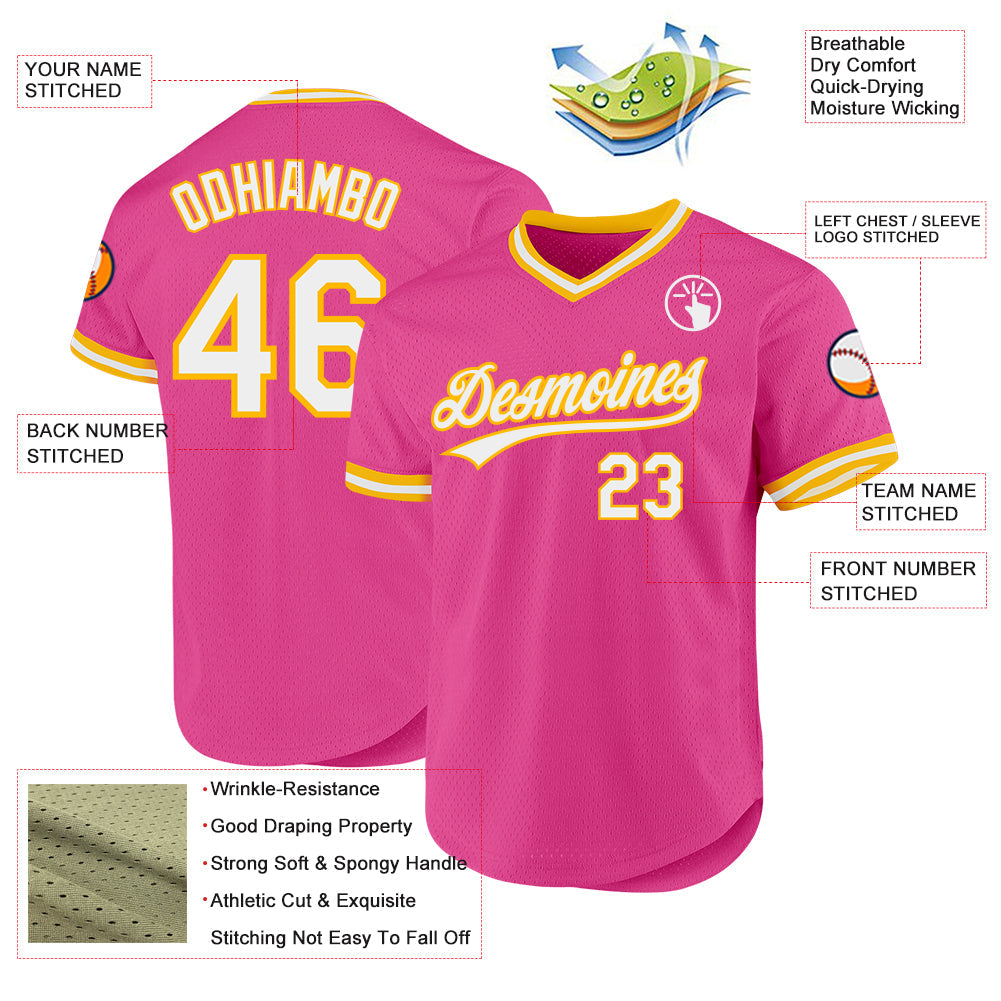 Custom Pink White-Gold Authentic Throwback Baseball Jersey view 3