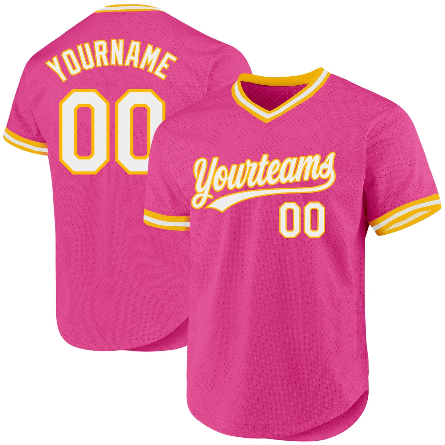 Custom Pink White-Gold Authentic Throwback Baseball Jersey - Main View