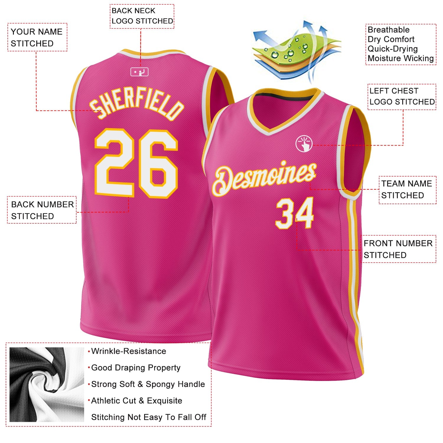 Custom Pink White-Gold Authentic Throwback Basketball Jersey view 3