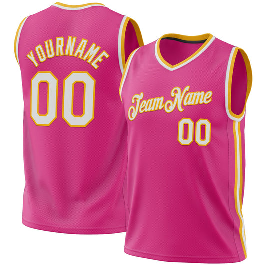 Custom Pink White-Gold Authentic Throwback Basketball Jersey - Main View