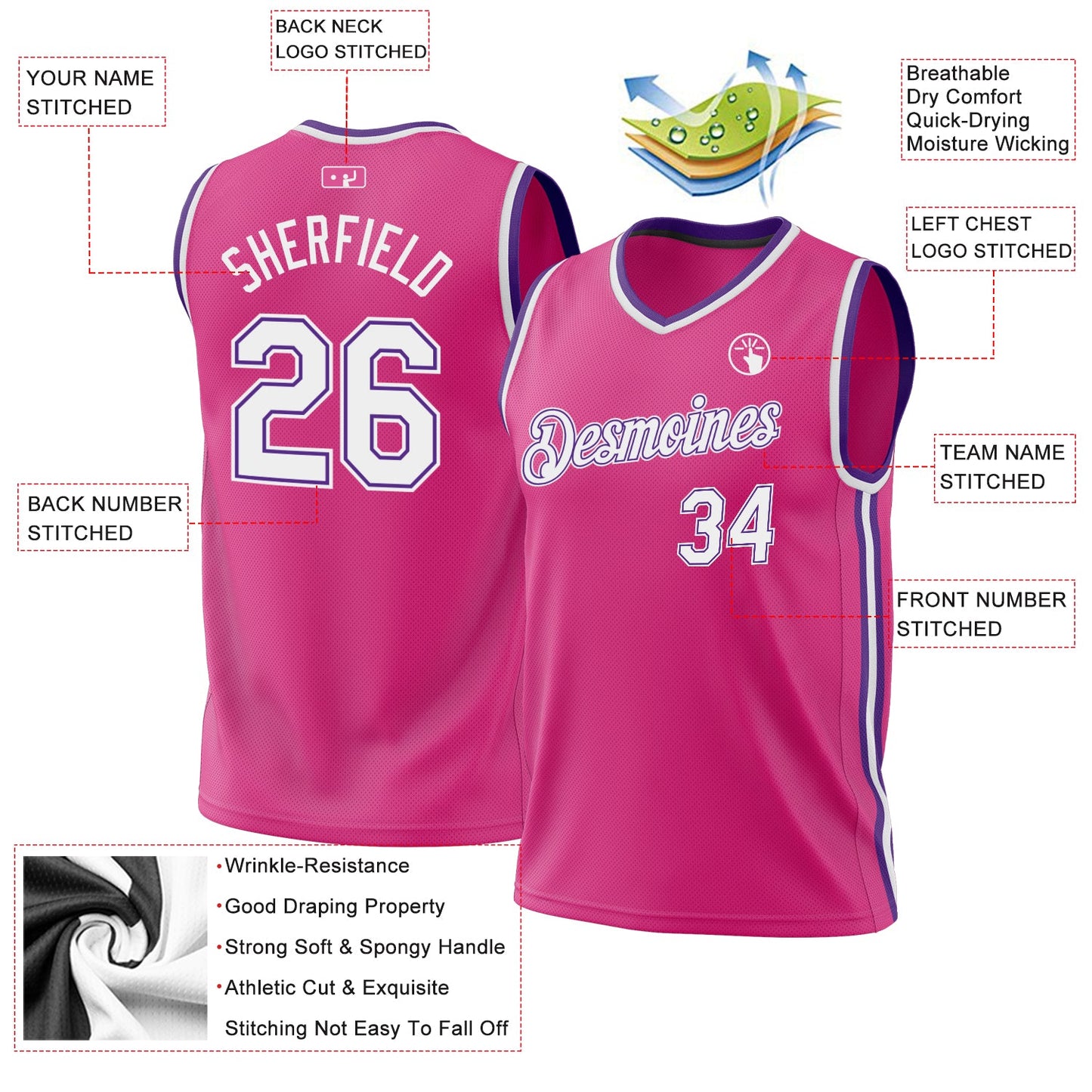 Custom Pink White-Purple Authentic Throwback Basketball Jersey view 3