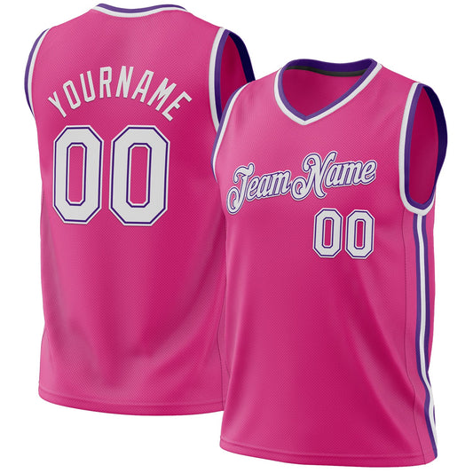 Custom Pink White-Purple Authentic Throwback Basketball Jersey - Main View