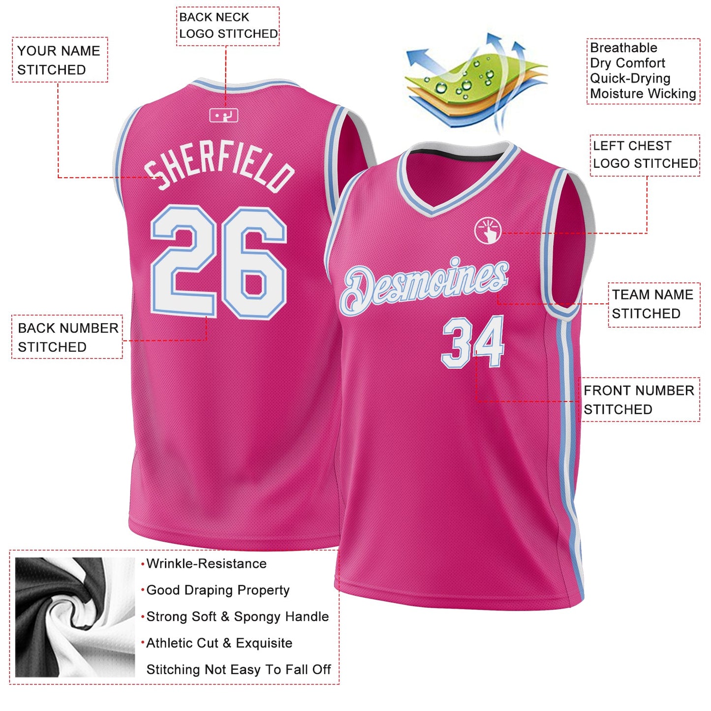 Custom Pink White-Light Blue Authentic Throwback Basketball Jersey view 3