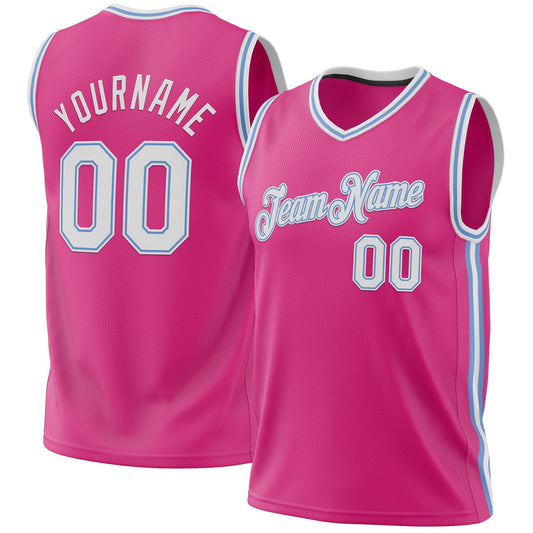 Custom Pink White-Light Blue Authentic Throwback Basketball Jersey - Main View