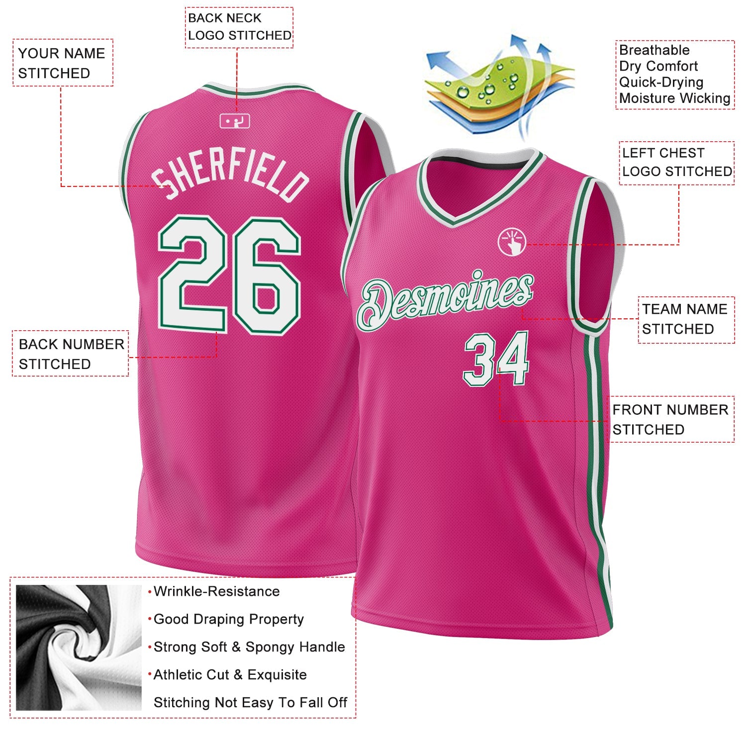 Custom Pink White-Kelly Green Authentic Throwback Basketball Jersey view 3