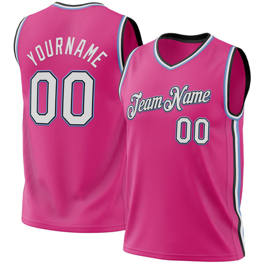 Custom Pink Black-Light Blue Authentic Throwback Basketball Jersey - Main View