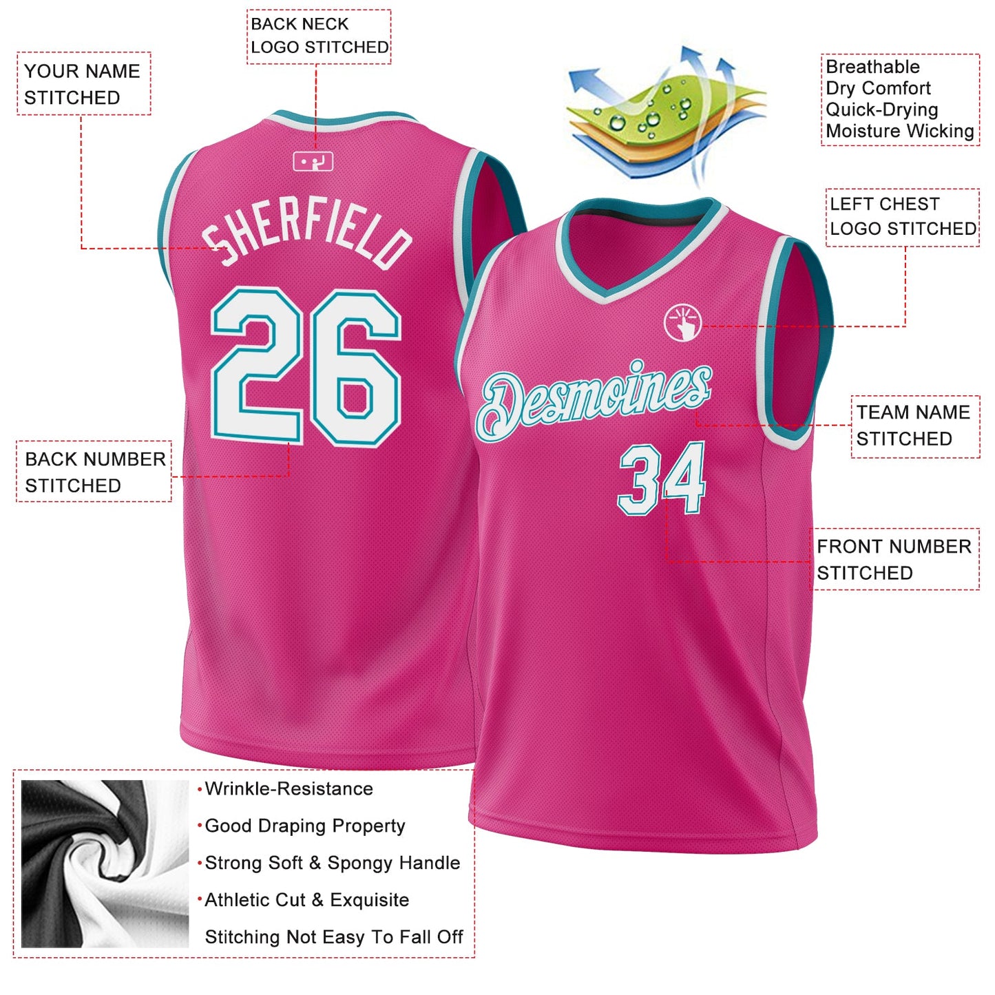 Custom Pink White-Teal Authentic Throwback Basketball Jersey view 3