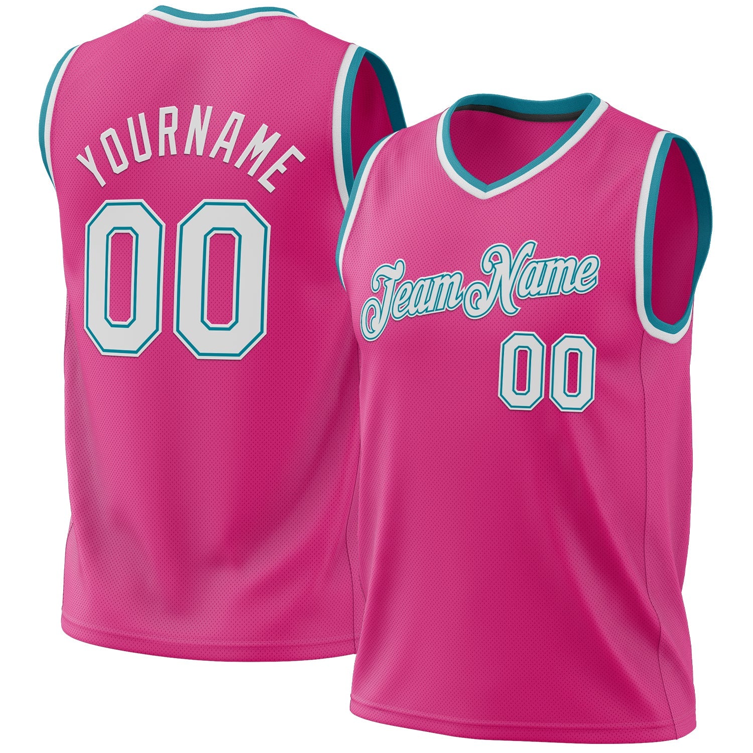 Custom Pink White-Teal Authentic Throwback Basketball Jersey - Main View