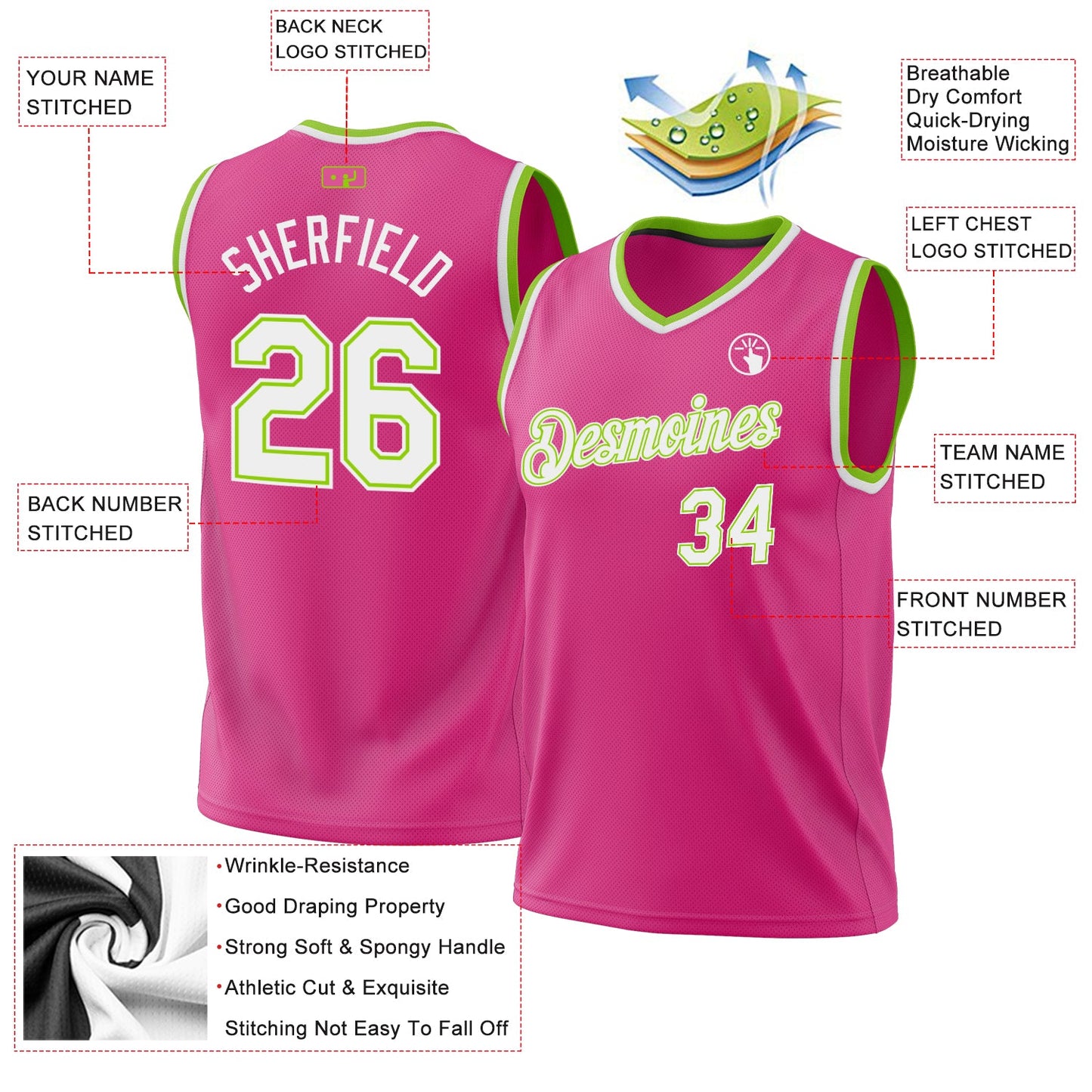 Custom Pink White-Neon Green Authentic Throwback Basketball Jersey view 3