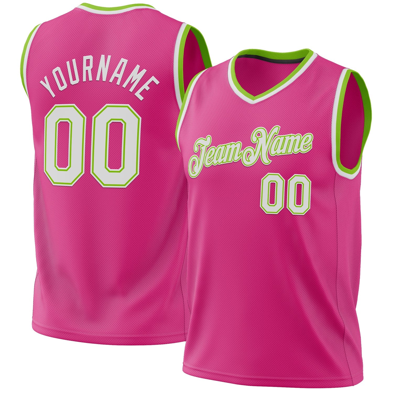 Custom Pink White-Neon Green Authentic Throwback Basketball Jersey - Main View