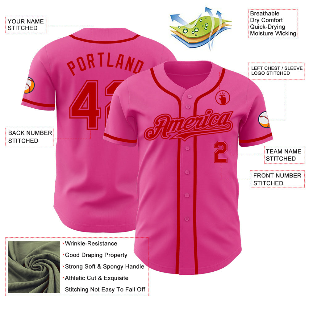 Custom Pink Red Authentic Baseball Jersey view 3